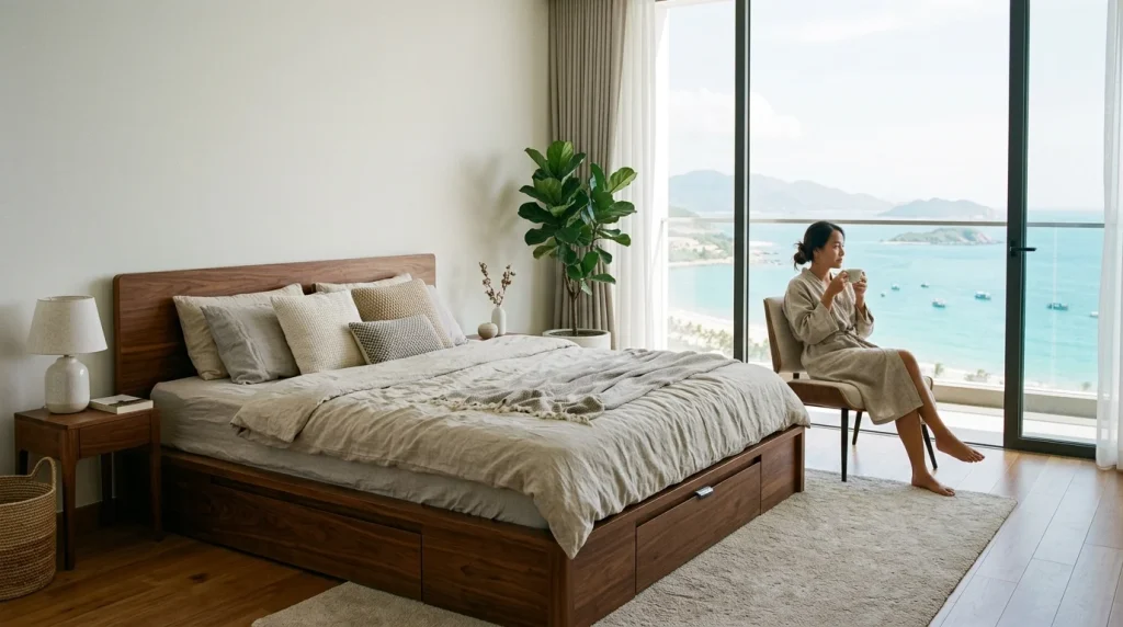 Gia Công Giường Ngủ Gỗ, Nội Thất Trọn Gói Tại Nha Trang | Xanh - Design &Amp; Build 4 Gia Công Giường Ngủ Gỗ, Nội Thất Trọn Gói Tại Nha Trang - 2. Lỗi 2: Bỏ Qua Công Năng Tối Ưu – Tiềm Năng Thiết Kế Giường Ngủ Có Ngăn Kéo Nha Trang | Xanh - Design &Amp; Build