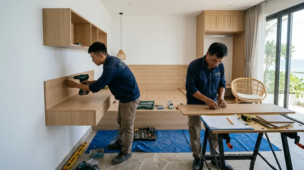 Thi Công Nội Thất Homestay Nha Trang Bằng Gỗ Mdf | Xanh - Design &Amp; Build 4 Thi Công Nội Thất Homestay Nha Trang Bằng Gỗ Mdf - Gỗ Mdf: